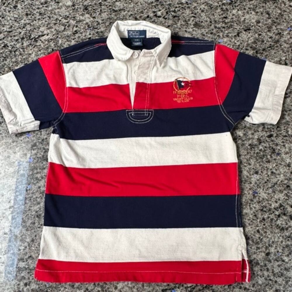 POLO RALPH LAUREN Boys Rugby‎ Shirt Size 8 Red White Navy Stripe PRL Yacht Club